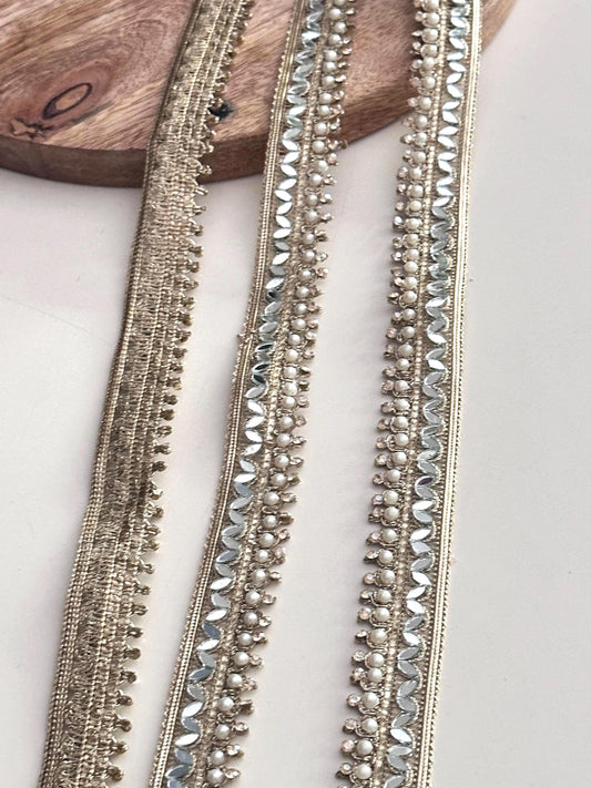 Gold Mirror Work Pearl Zircon Trim Indian Embroidered Lace for Dress Belt Craft Ethnic Mirror Border for Saree Dupatta Home Decor 9mtr Lace