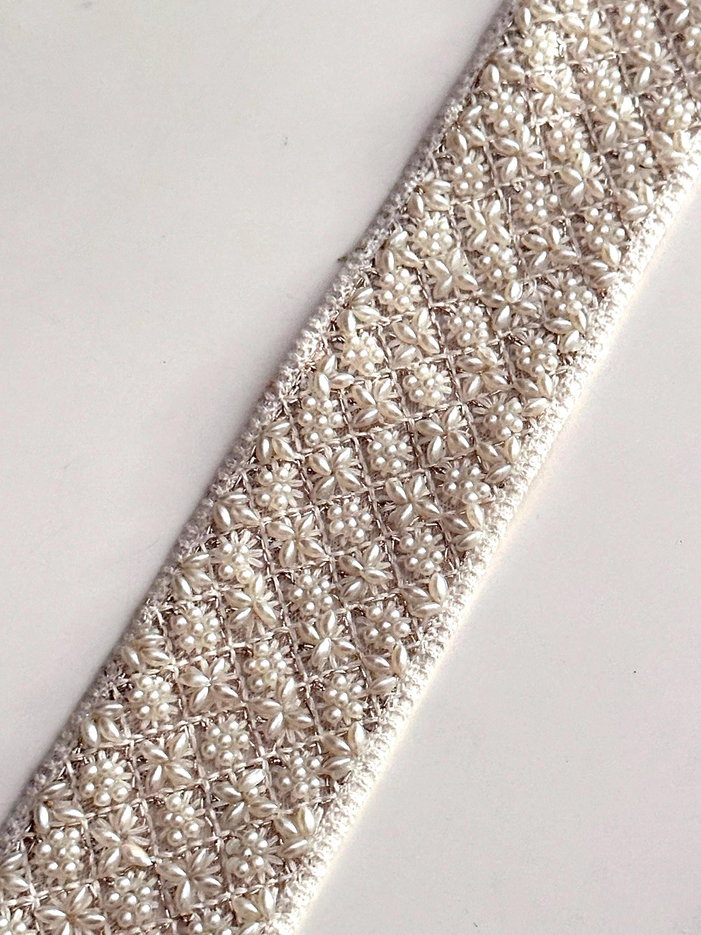 Ivory Pearl Beaded Trim 2 Inch Wide Wedding Gown Ribbon for Dress Sashes