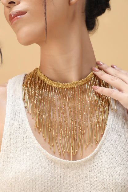 Gold Fringe Lace Choker – Adjustable Ethnic Necklace – Statement Festival Jewelry – Festive Tassel Style Neckpiece for Women