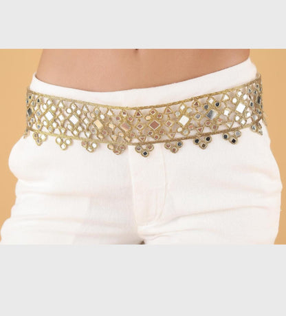 Mirror Work Border Trim Gold Glass Mirror Lace for Belt Saree Lehenga Embroidered Indian Mirror Border for DIY Clothing Jewelry Costumes