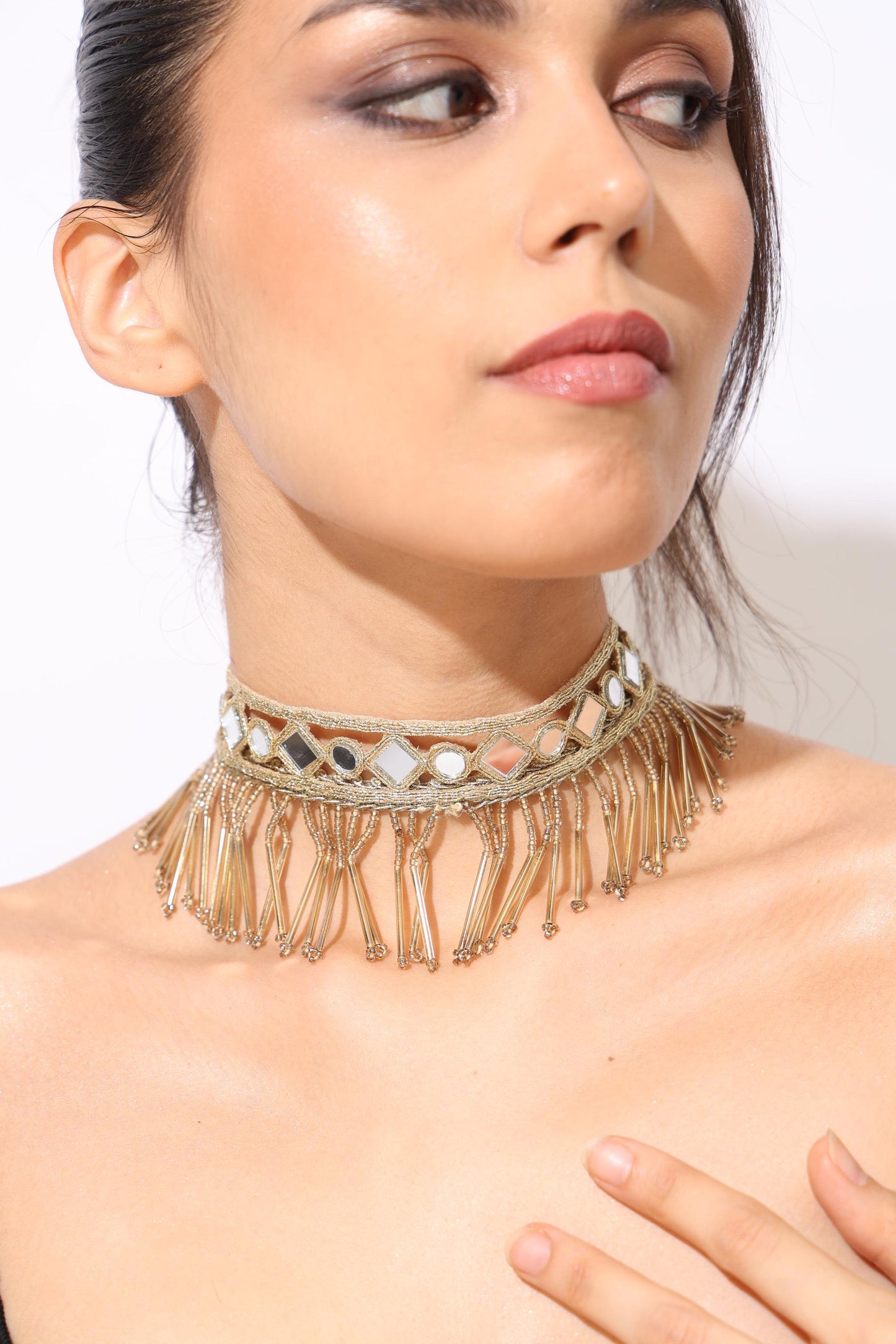 Rose Gold Lace Belt Choker Set – Handmade Gothic Statement Mirror Crystal Belt – Adjustable Fabric Jewelry – Party Gift for Her