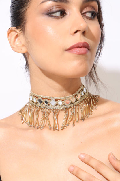 Rose Gold Lace Belt Choker Set – Handmade Gothic Statement Mirror Crystal Belt – Adjustable Fabric Jewelry – Party Gift for Her