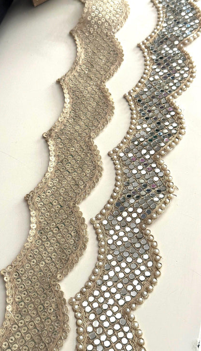 Indian Wedding Decor Lace Trim Mirror Crystal Scalloped Embroidered Border for Backdrops Lehnga Veil Bridal Styling Designers 6cm Zari Trim