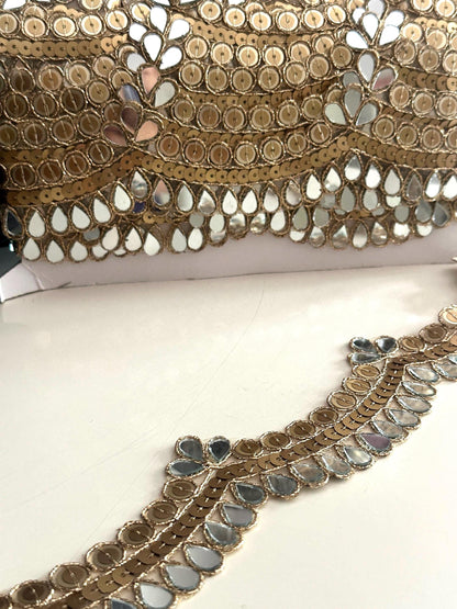 Gold Mirror Lace Trim for Saree Lehenga Bridal Veil Dupatta Dress Border Boho Wedding & DIY Craft Sequin Embellished Indian Border