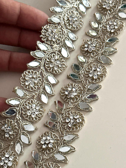 Floral Mirror Crystal Lace Trim Victorian Style Designer Gold Leaf Border for Saree Blouse Belt & Decor Indian Handmade Embroidery Ribbon