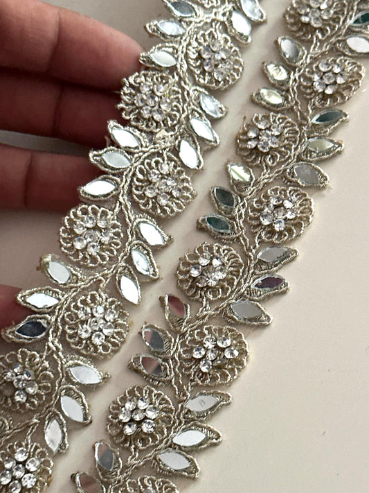 Floral Mirror Crystal Lace Trim Victorian Style Designer Gold Leaf Border for Saree Blouse Belt & Decor Indian Handmade Embroidery Ribbon