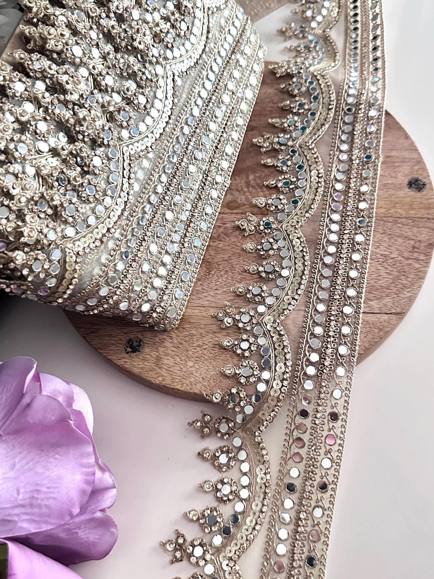 Luxury Mirror Work Gold Trim for Bridal Gown  Lehenga Saree Dupatta Sequin Embroidered Indian Lace Border for Wedding Dress Blouse DIY Craft