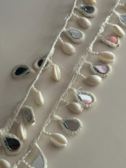 Boho Shell Mirror Lace Trim Cowrie Shell Mirror Work Tassel Lace Border for Resort Dress Kaftan Craft Handmade Ethnic Beach Trim by Yard