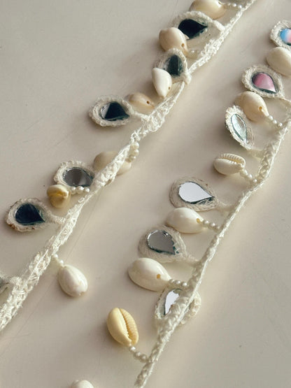 Boho Shell Mirror Lace Trim Cowrie Shell Mirror Work Tassel Lace Border for Resort Dress Kaftan Craft Handmade Ethnic Beach Trim by Yard