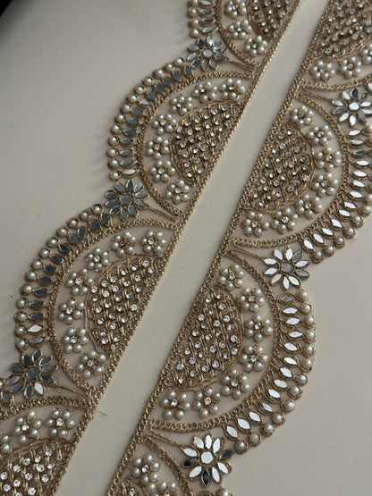 Scalloped Pearl Mirror Lace Trim  Wide Gold Embroidered Border for Veils Saree DIY Bridal Decor Designer Indian Craft Ribbon Broad lace