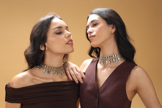 Handmade Mirror Choker with Silver Rhinestones Gold Statement Necklace with Crystal Drops Boho Festival & Evening Wear Jewelry