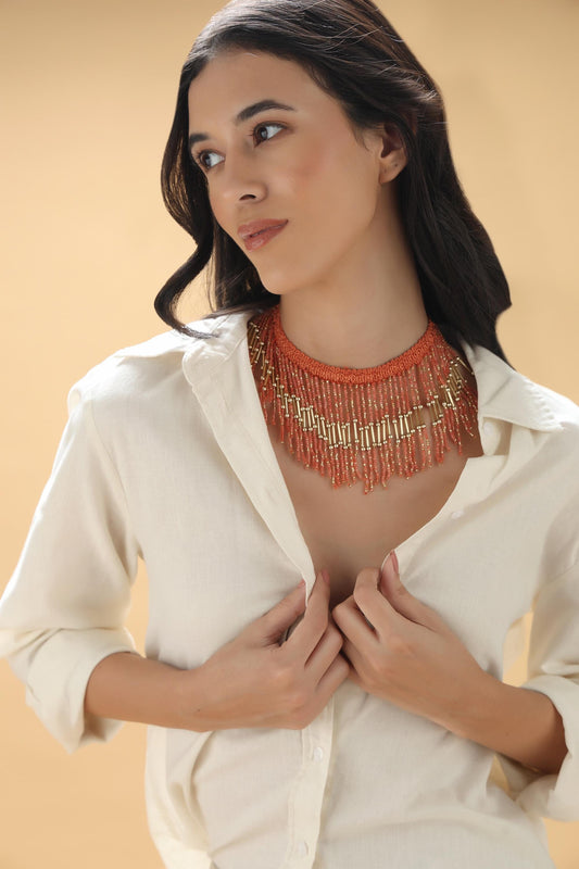 Orange Crystal Tassel Choker – Handmade Boho Statement Necklace – Jhalar Lace Jewelry for Festival & Evening Wear
