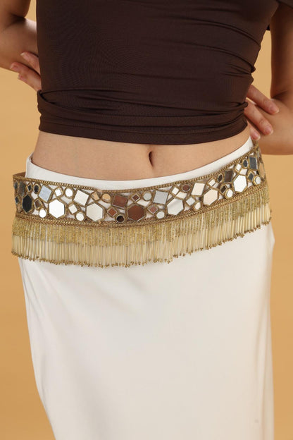 Handmade Mirror Embroidered Waist Belt with Bead Fringe Indian Boho Festival Belt Statement Trim for Sarees, Dresses and skirts
