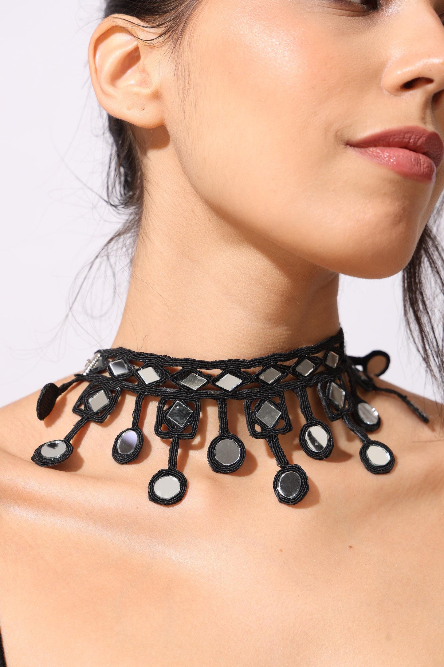 Black Mirror Choker Necklace Belt Set– Geometric Minimalist Jewelry – Sustainable Gift for Her – Party & Beach Accessory