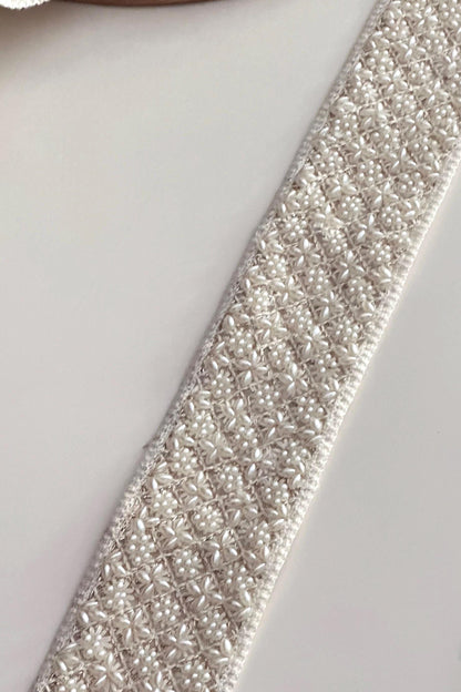 Ivory Pearl Beaded Trim 2 Inch Wide Wedding Gown Ribbon for Dress Sashes