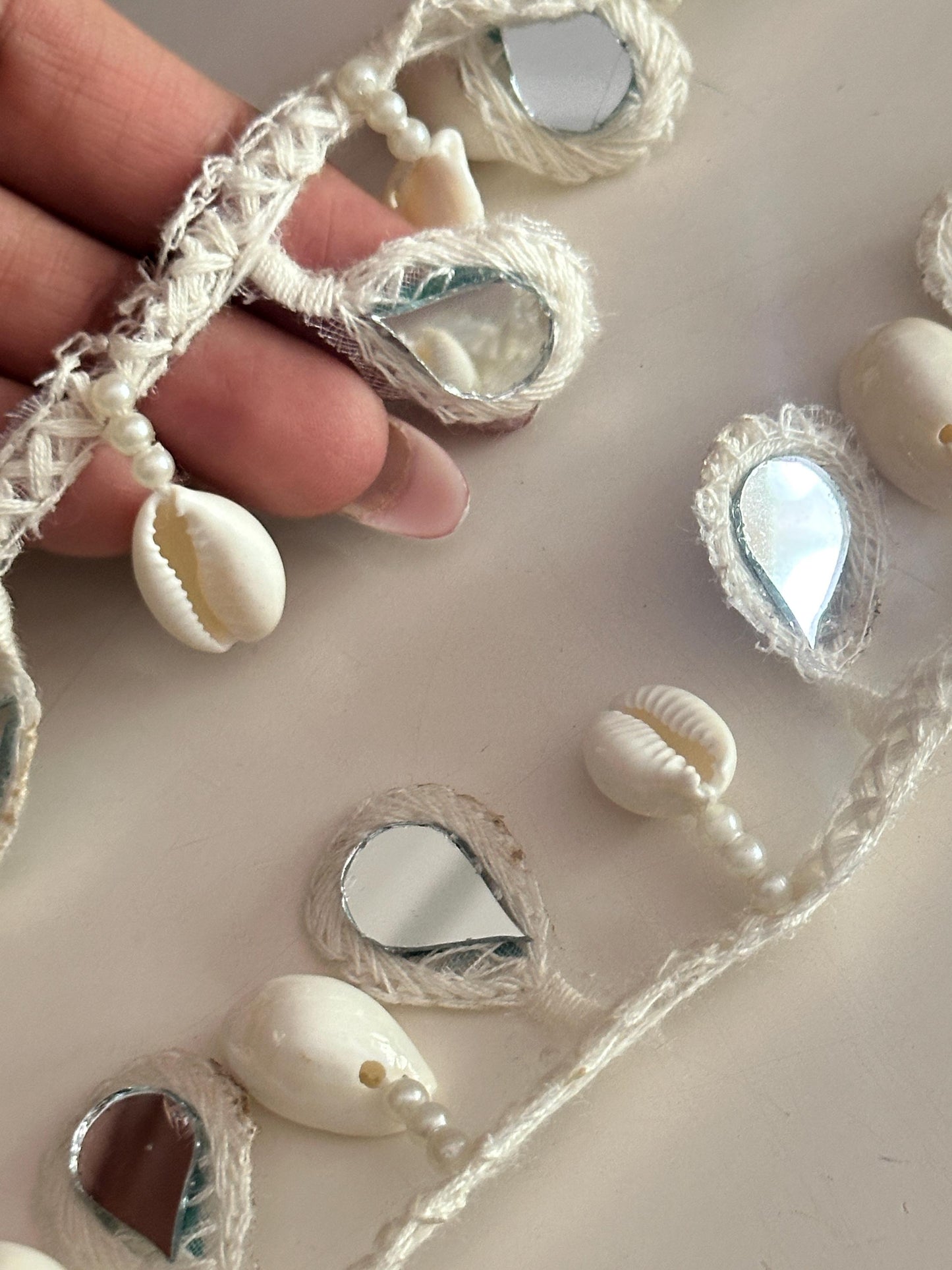 Boho Shell Mirror Lace Trim Cowrie Shell Mirror Work Tassel Lace Border for Resort Dress Kaftan Craft Handmade Ethnic Beach Trim by Yard