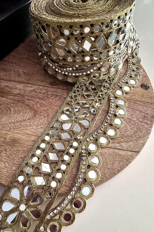 Gold Floral Mirror Lace Trim with Rhinestone Zircon Wide Indian Border for Bridal Belt Festival Cinturone DIY Costume Making & Dancewear