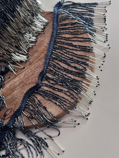 Blue Beaded Fringe Trim with Silver Bugle Beads 5.5inch Tassel Lace for Beaded Jewelry Dress Belly Dance DIY Costume Jacket Home Decor