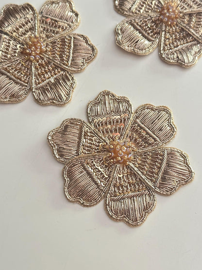 Handmade Gold Floral Embroidery Patch Designer Beaded & Metallic Thread Applique for Dress Jackets Sarees Curtains Cushion  Craft Décor