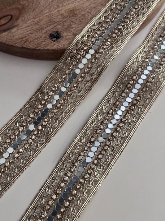 Gold Mirror Crystal Lace Trim Designer Embellished Border for Costume Couture Fashion Wedding Decor Boho DIY Craft Festival Wear Jewelry
