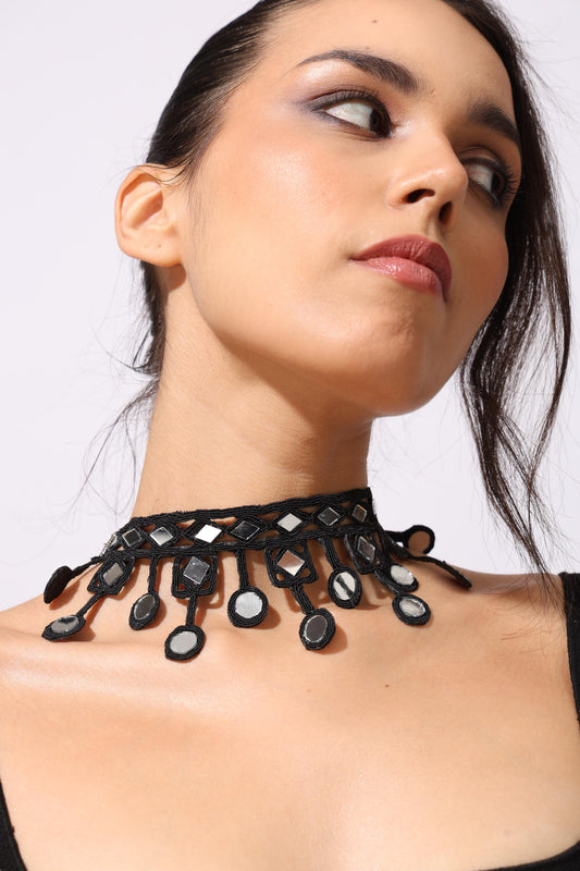 Black Mirror Choker Necklace Belt Set– Geometric Minimalist Jewelry – Sustainable Gift for Her – Party & Beach Accessory