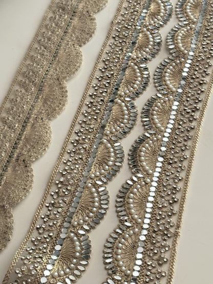Scallop Mirror Pearl Lace Trim Gold Embroidered Bridal Border for Veils Sarees, Wedding Costumes & Decor Handmade Indian Ribbon 3 Inch