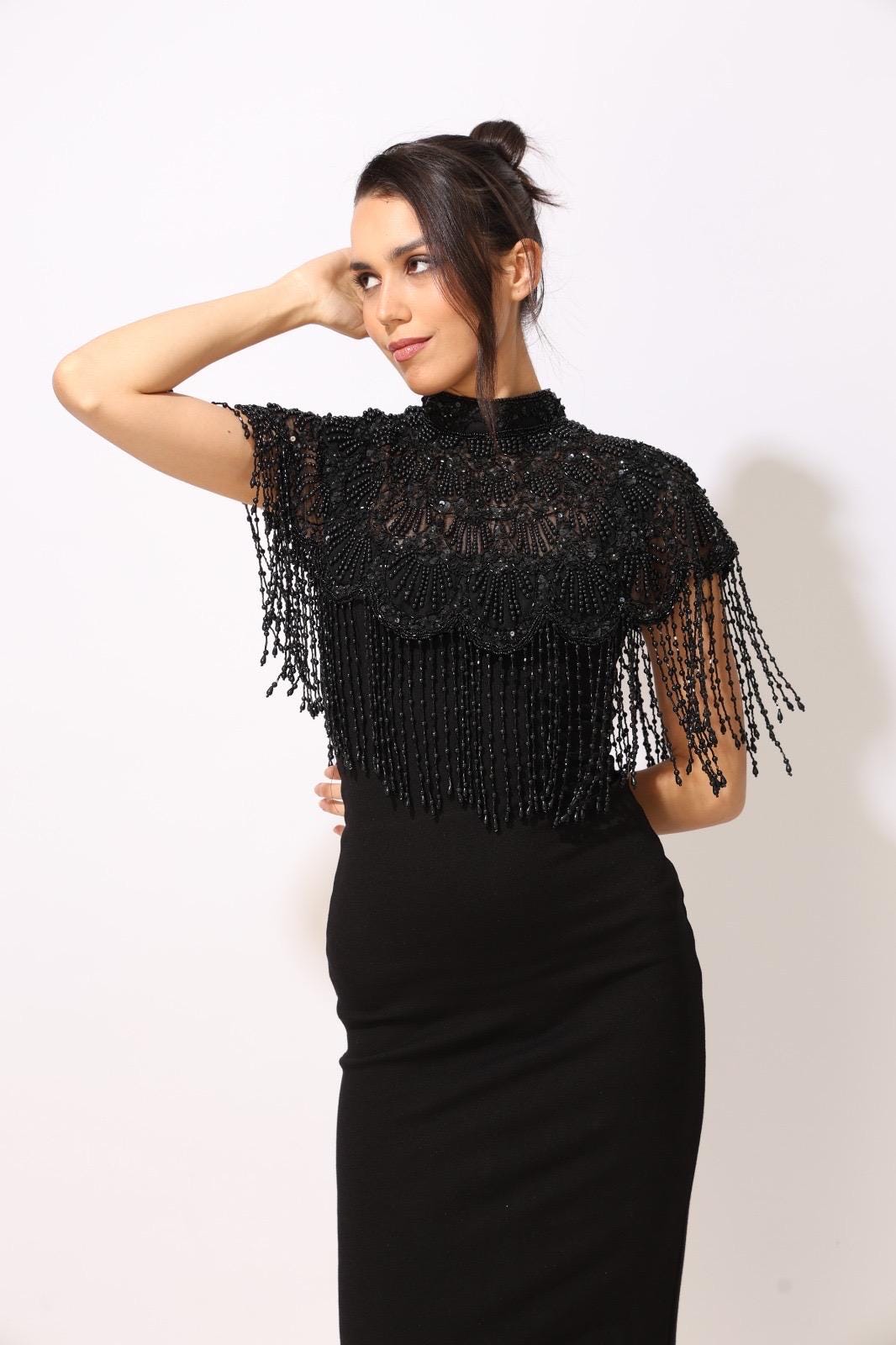 Black Embroidered Beaded Cape  Handmade Pearl Fringe Capelet Gothic Bridal Cover Up Statement Shoulder Accessory Evening Dress Cape