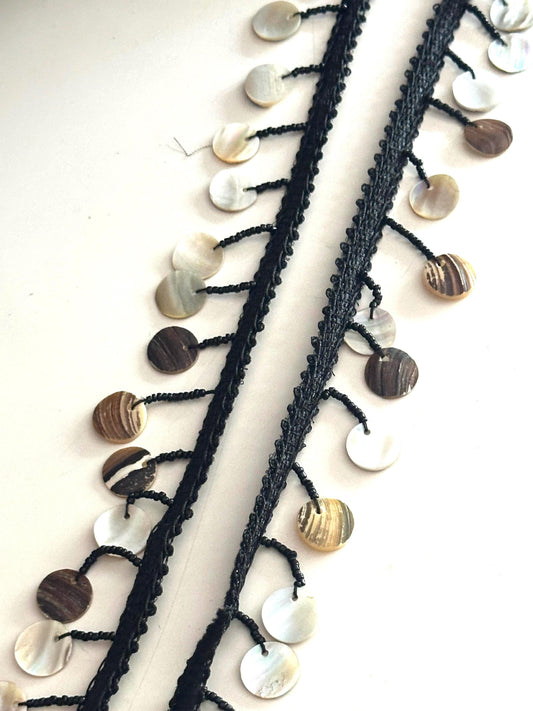 Handmade Macrame Lace with Shell Sequins Boho Resortwear Jewelry Trim for Kaftans Dresses, Beach Cover-Ups & DIY Fashion