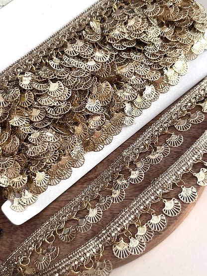 Gold Coin Metal Suspended Shell Lace Trim Boho Crafting Lace for Costume Blouse Saree Dress  Accessory Metallic Fringe Border For DIY Sewing