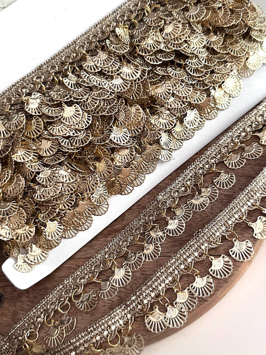 Gold Coin Metal Suspended Shell Lace Trim Boho Crafting Lace for Costume Blouse Saree Dress  Accessory Metallic Fringe Border For DIY Sewing