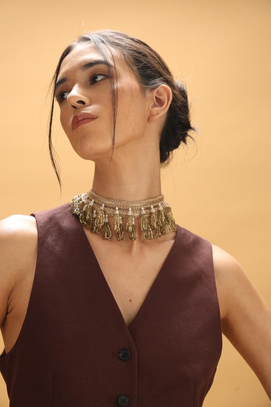 Light Gold Embroidered Golden Beaded Choker Necklace Handmade Indian Boho Statement Neckpiece Festival & Wedding Jewellery White pearl