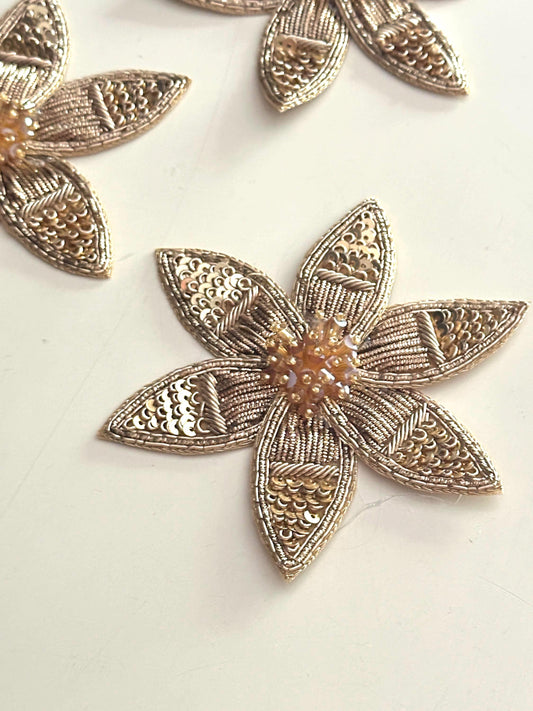 Handmade Gold Floral Embroidery Applique Beaded & Sequin Flower Patch for Clothing Upholstery Curtain Cushion Craft Decor Dress Saree Jacket