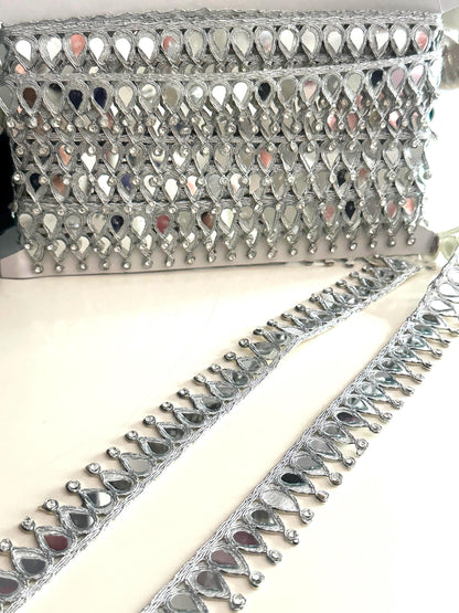 Silver Mirror Lace Trim with Rhinestones Teardrop Embroidery Border for Saree, Blouse, Dupatta DIY & Wedding Decor Zircon Embellished Trim