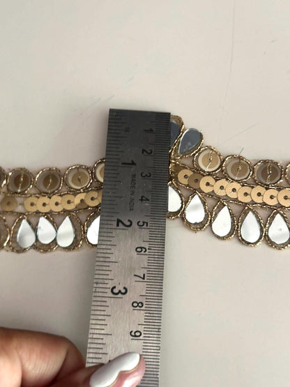 Gold Mirror Lace Trim for Saree Lehenga Bridal Veil Dupatta Dress Border Boho Wedding & DIY Craft Sequin Embellished Indian Border