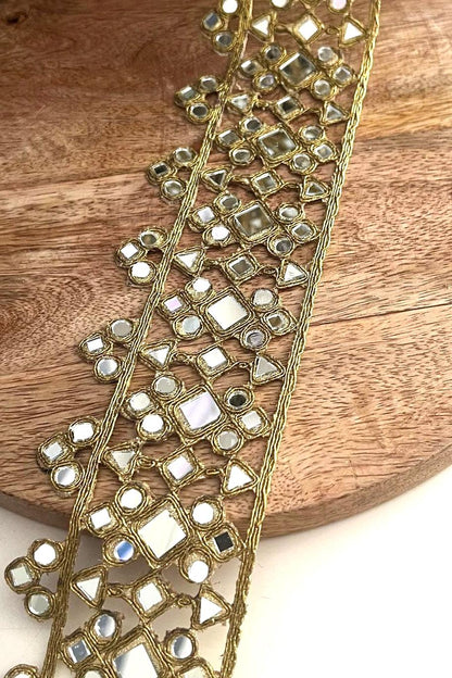 Mirror Work Border Trim Gold Glass Mirror Lace for Belt Saree Lehenga Embroidered Indian Mirror Border for DIY Clothing Jewelry Costumes