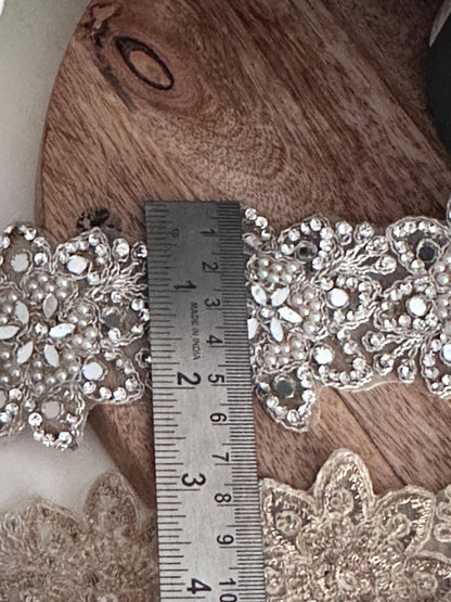 Rhinestone Beaded Lace Trim Silver