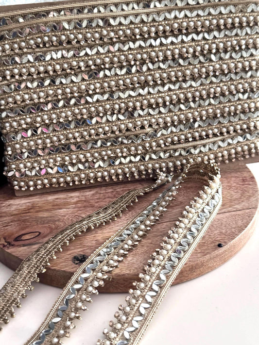 Gold Mirror Work Pearl Zircon Trim Indian Embroidered Lace for Dress Belt Craft Ethnic Mirror Border for Saree Dupatta Home Decor 9mtr Lace