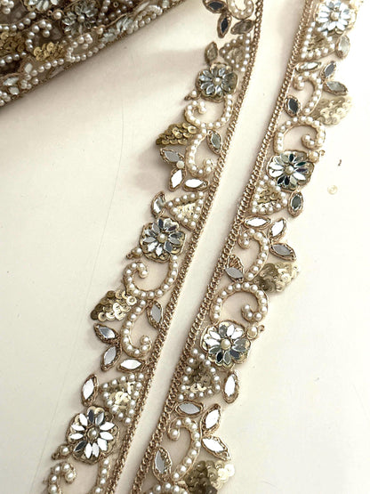 Gold Mirror Lace Trim with Pearls Floral Sequin  Hand Embroidered Border for Saree Lehenga Dupatta Wedding Veil DIY Jewelry & Decor