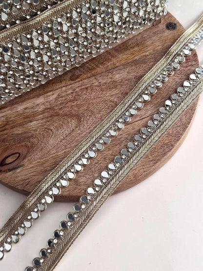 Gold Mirror Drop Border Trim Teardrop Mirror Lace with Crystal Stones Indian Embroidery Trim for Saree Lehenga Dupatta DIY Belts & Potli Bag