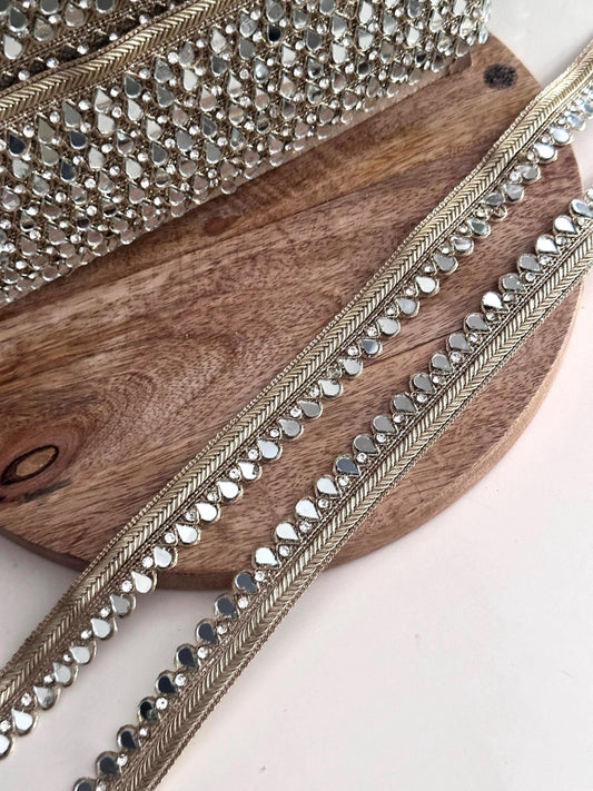 Gold Mirror Drop Border Trim Teardrop Mirror Lace with Crystal Stones Indian Embroidery Trim for Saree Lehenga Dupatta DIY Belts & Potli Bag