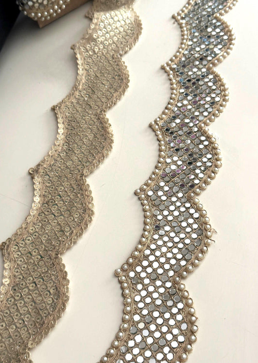 Indian Wedding Decor Lace Trim Mirror Crystal Scalloped Embroidered Border for Backdrops Lehnga Veil Bridal Styling Designers 6cm Zari Trim