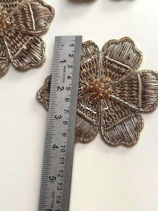 Handmade Gold Floral Embroidery Patch Designer Beaded & Metallic Thread Applique for Dress Jackets Sarees Curtains Cushion  Craft Décor