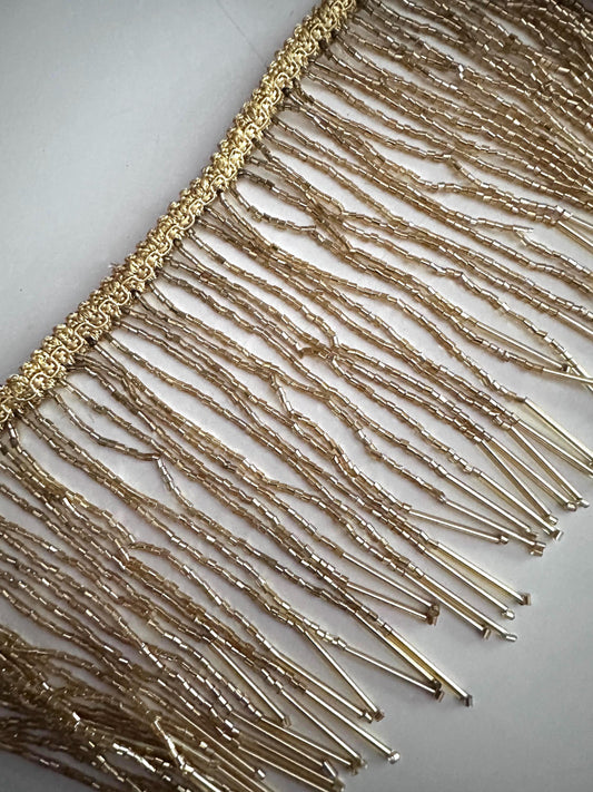 Gold Beaded Fringe Trim Long Metallic Bugle Bead Tassel Border for Dress Dance Costume Beaded Jewelry DIY Decor Sequin Craft Embellishment
