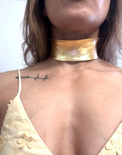 Bold Gold Metal Choker Necklace Adjustable Statement Wide Collar High Shine Brass Choker Power Jewelry for Women Afro-Futurist Neckpiec