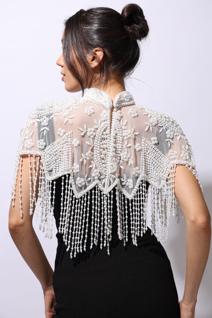 White Embroidered Beaded Cape Bridal Shoulder Cover Up Pearl Fringe Capelet for Dresses Handmade Embellished Cape Wedding Shawl for Gown