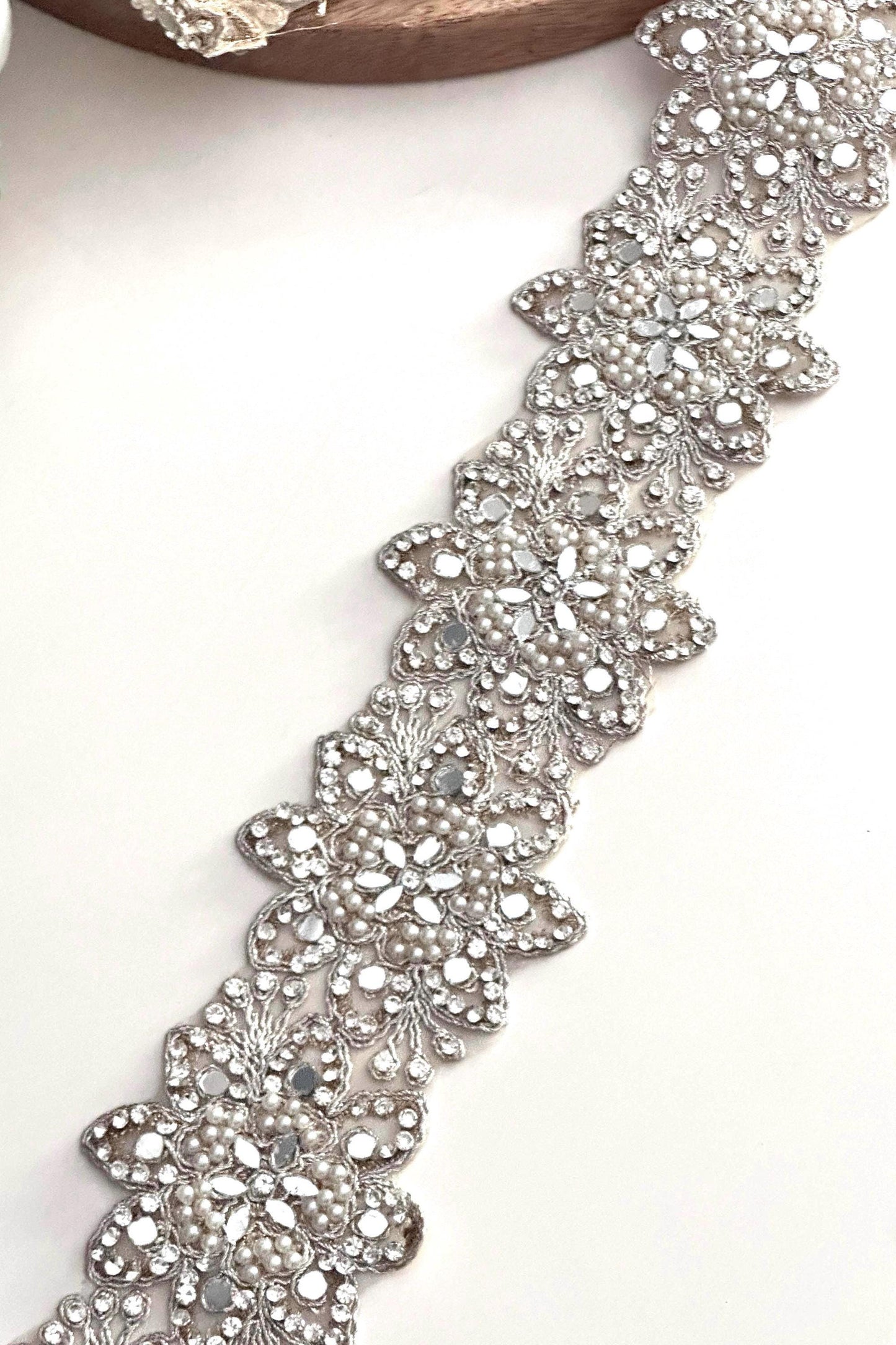 Rhinestone Beaded Lace Trim Silver