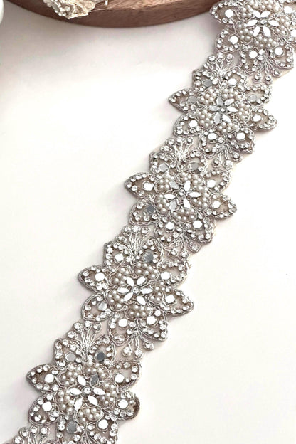 Rhinestone Beaded Lace Trim Silver