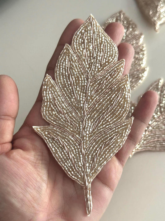 Handmade Beaded Leaf Patch Applique Embroidered Gold Leaf Sew on Patch for Wedding Dress Gown T-shirt Jackets Coat & Craft Embellishment