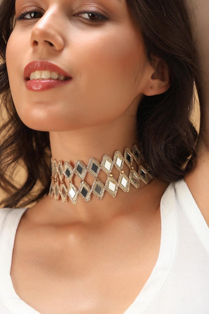 Gold Diamond Choker Jewelry Mirror Crystal Statement Collar Handcrafted Necklace Gift For Her