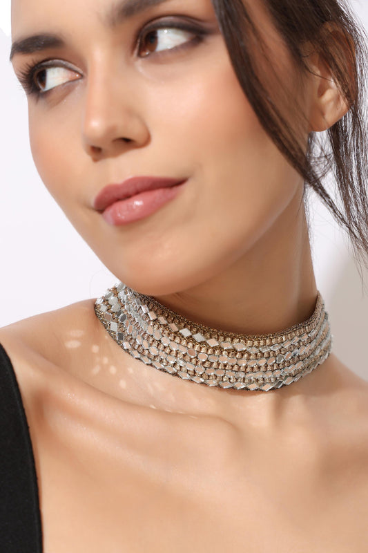Antique Mirror Choker & Crystal Waist Belt – Indian Festive Jewelry for Saree, Lehenga and Gown – Traditional Embellished Set